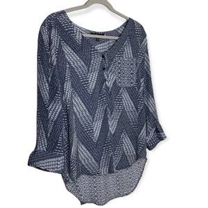 Fred David multi pattern half button down high low lightweight blouse size M